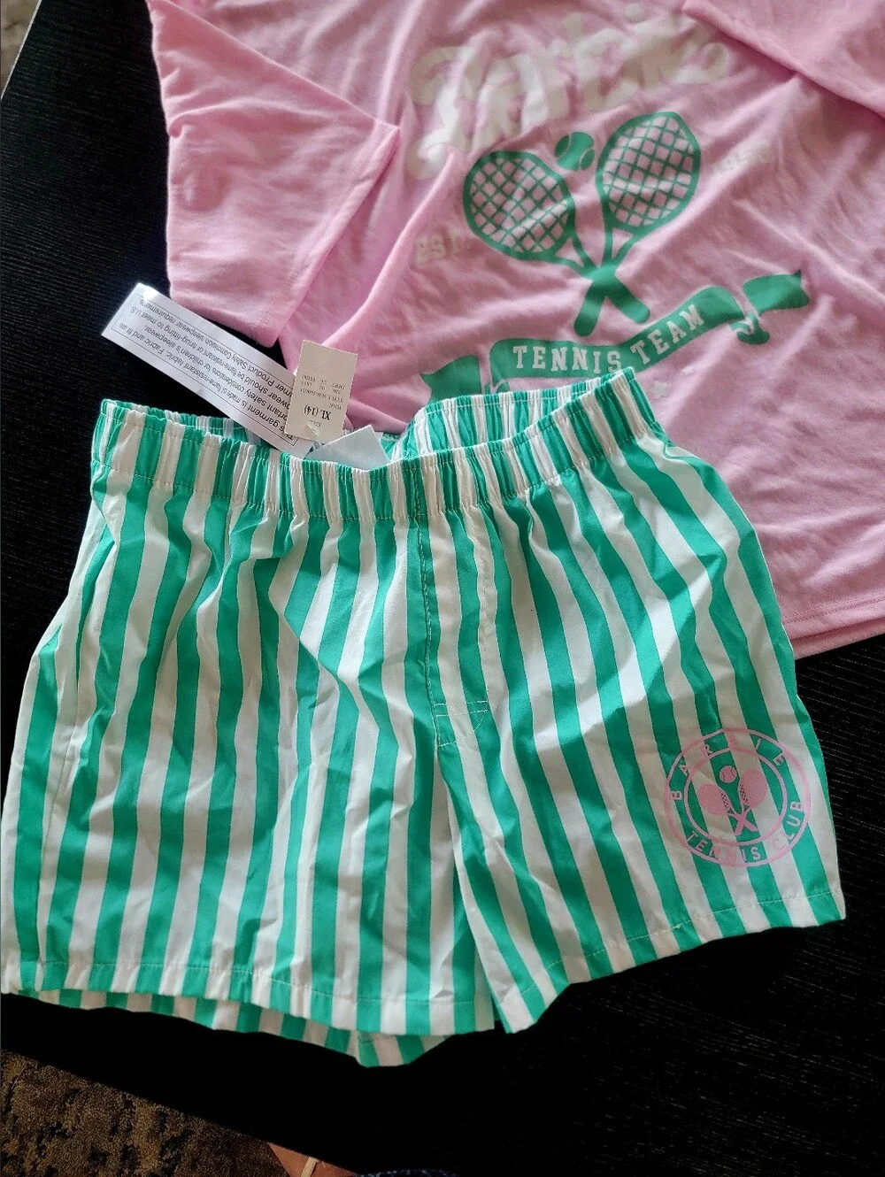 Barbie Pink Tee with Green Striped Tennis Shorts Pajama Set Size XL (14)